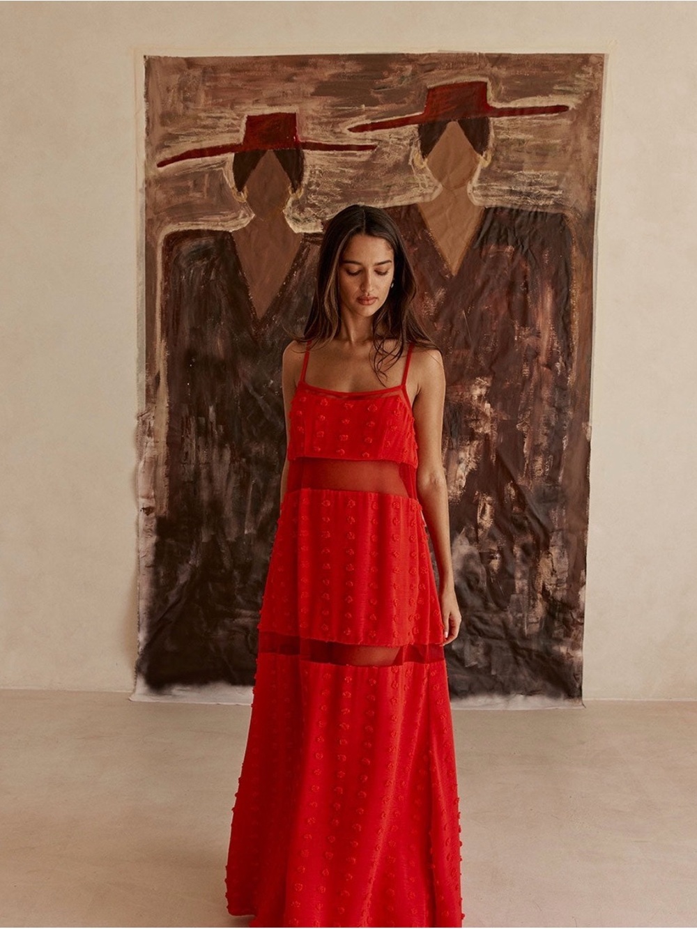 Sabo Skirt Red Textured Sheer-Panel Maxi Dress
